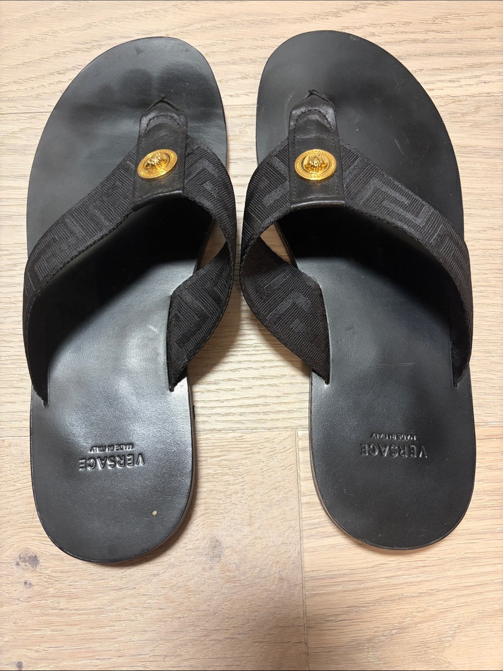 Versace Black Leather & Fabric Flip-Flops with Gold Medallions